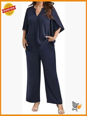Plus Size 2 Piece Pantsuit Set Dressy 3/4 Sleeve Blouse Wide Leg Pant